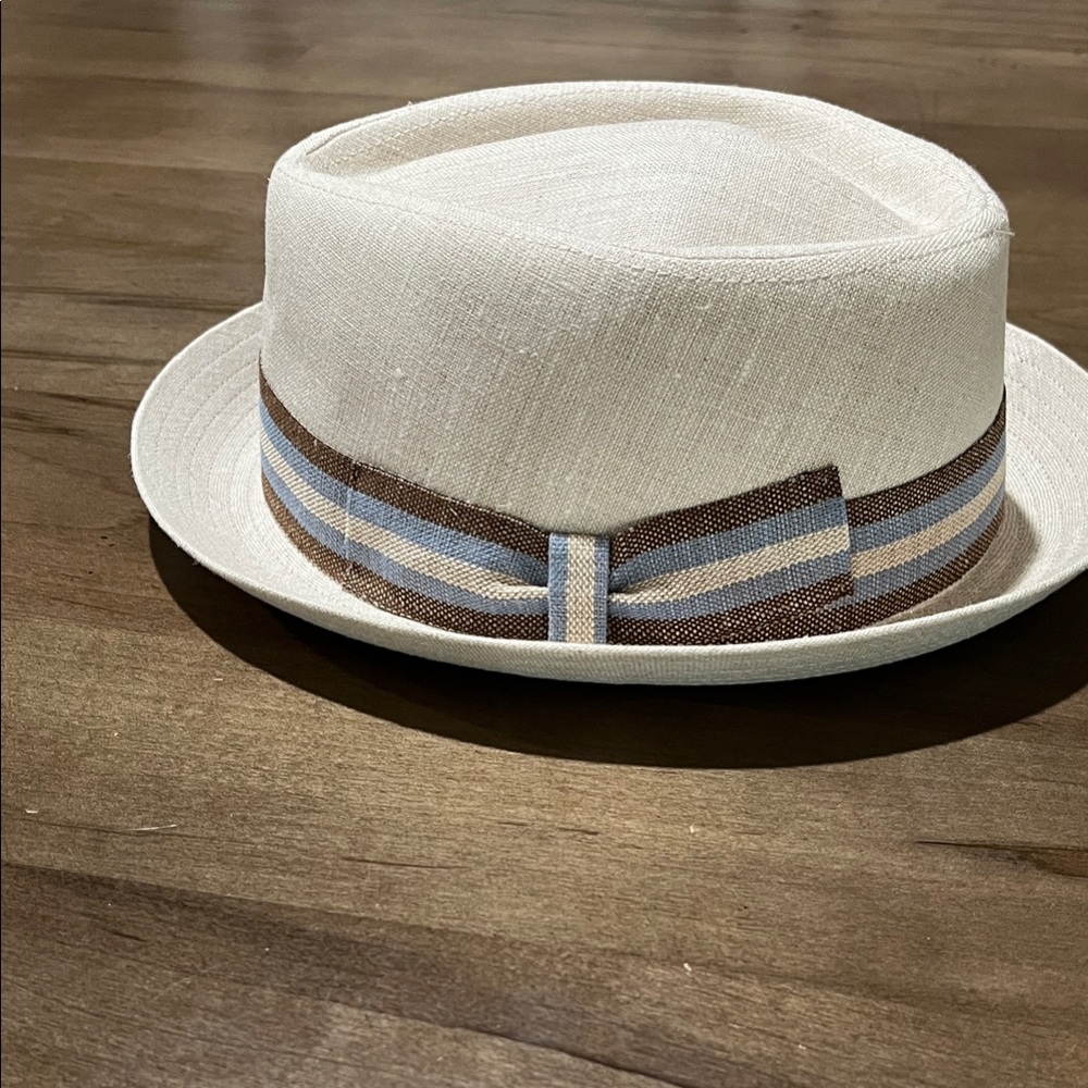 Cream Straw Trilby Hat with Blue and Brown Stripe Band